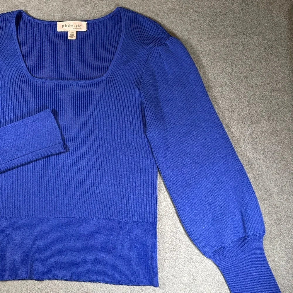 Philosophy Ribbed Royal Blue Sweater Shirt with Puffy Sleeves - Picture 3 of 12